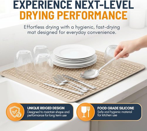 Linda’s Essentials Silicone Dish Drying Mat - Non-Slip & Heat-Resistant 16 x 12 Inch Kitchen Pad | Beige