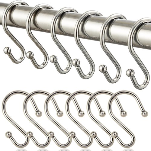 BellRhein Shower Curtain Hooks, Metal Shower Hooks for Shower Curtain Rod, Rust Proof Metal Shower Curtain Rings, S Hook Set of 12, Nickel.