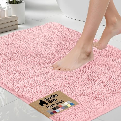 GORILLA GRIP Bath Rug Mat - Soft Absorbent Chenille | Quick Dry Microfiber, 60x24, Light Pink