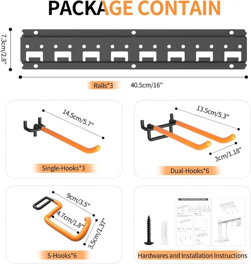 Garden Tool Organizer Wall Mount | Adjustable Pegboard Hooks for Garage Storage - Holds Up to 550lbs, Black