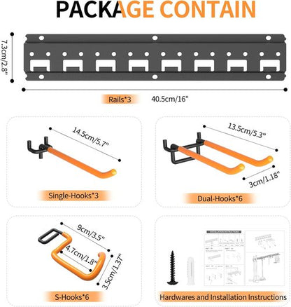 Garden Tool Organizer Wall Mount | Adjustable Pegboard Hooks for Garage Storage - Holds Up to 550lbs, Black