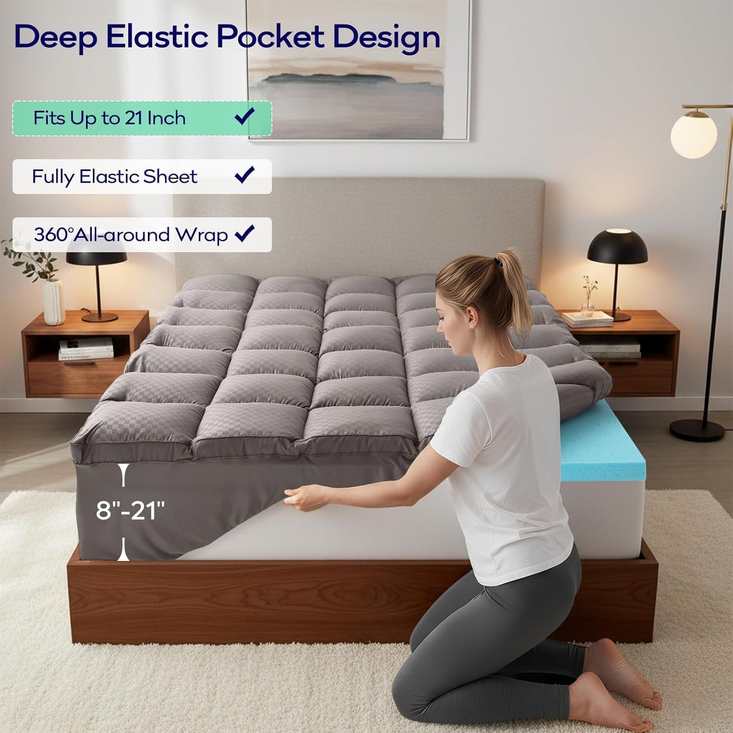 OLANLY Memory Foam Mattress Topper - Dual-Layer Queen Size for Back Pain Relief | 4 Inch Cooling Pillow Top, Light Grey
