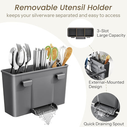 SNTD Dish Drying Rack - Stainless Steel Kitchen Counter Rack with Utensil Holder | 11" W x 15" L (Grey)
