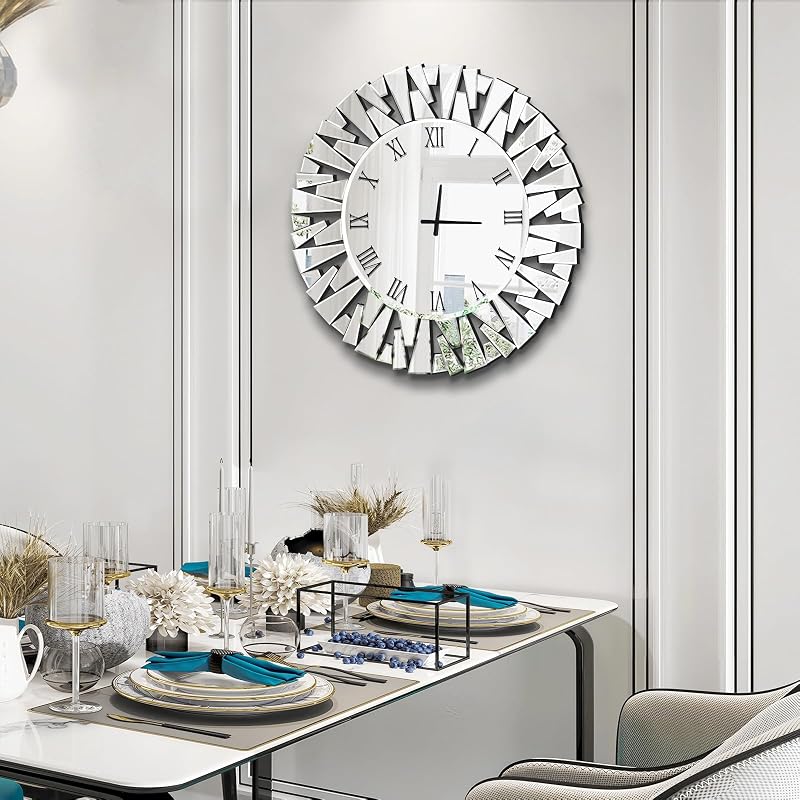 24 Inch Glass Wall Clock - Round Silver Mirror, Silent Battery Operated