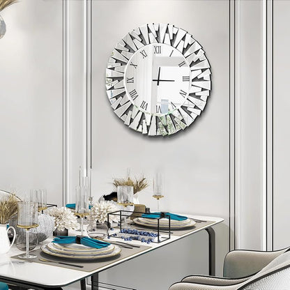 24 Inch Glass Wall Clock - Round Silver Mirror, Silent Battery Operated