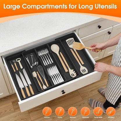 Large Silverware Organizer - Expandable Utensil Drawer Tray | BPA-Free Cutlery Storage in Black