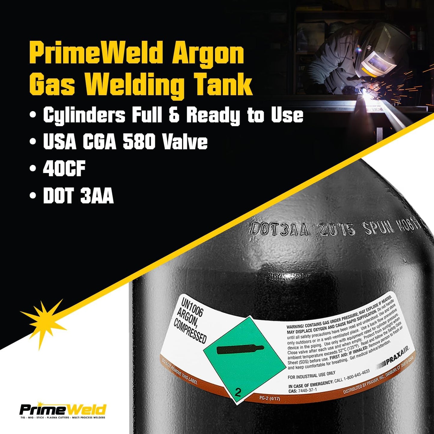 PrimeWeld 100% Argon Gas Welding Tank Full 40CF | DOT 3AA | USA CGA 580 Valve | Best Gas for TIG Welding Applications | Cylinders Full & Ready to Use