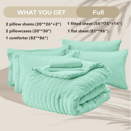 HYMOKEGE Mint Green Full Size Comforter Sets Seersucker 7 Pieces, All Season Luxury Bed in a Bag for Bedroom, Bedding Set with Comforter, Sheets, Pillowcases & Shams
