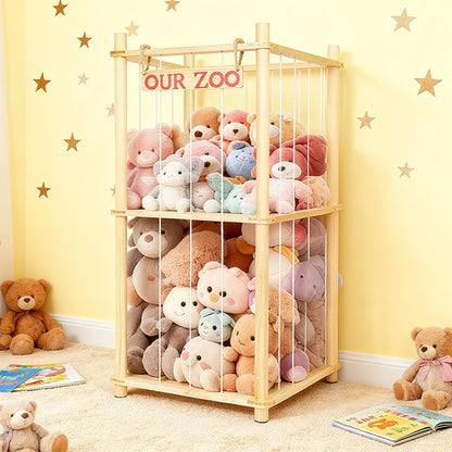 Stuffed Animal Storage | Tall Natural Pine Wood Plushie Zoo with Elastic Cords - Space-Saving Playhouse for Kids