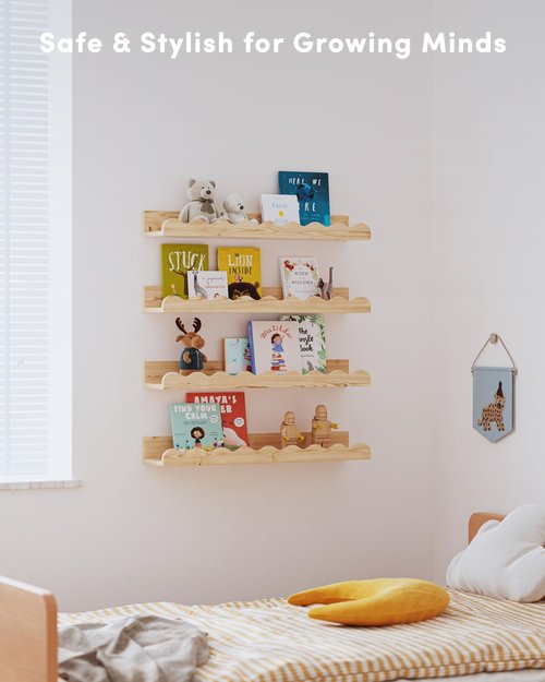 Seocry Kids' Bookshelf Set of 4 - Wood Floating Nursery Book Shelves, Picture Ledge Shelf for Wall Decor and Storage - Perfect for Books, Toys, Photo Frames, and Nursery Décor