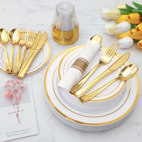 Goodluck 350-Piece Gold Plastic Dinnerware Set - Elegant Disposable Plates for 50 Guests | Includes Plates, Napkins & Cups