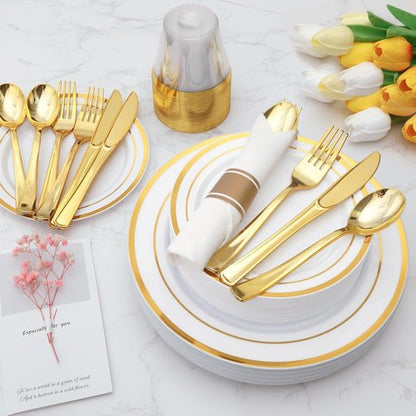 Goodluck 350-Piece Gold Plastic Dinnerware Set - Elegant Disposable Plates for 50 Guests | Includes Plates, Napkins & Cups