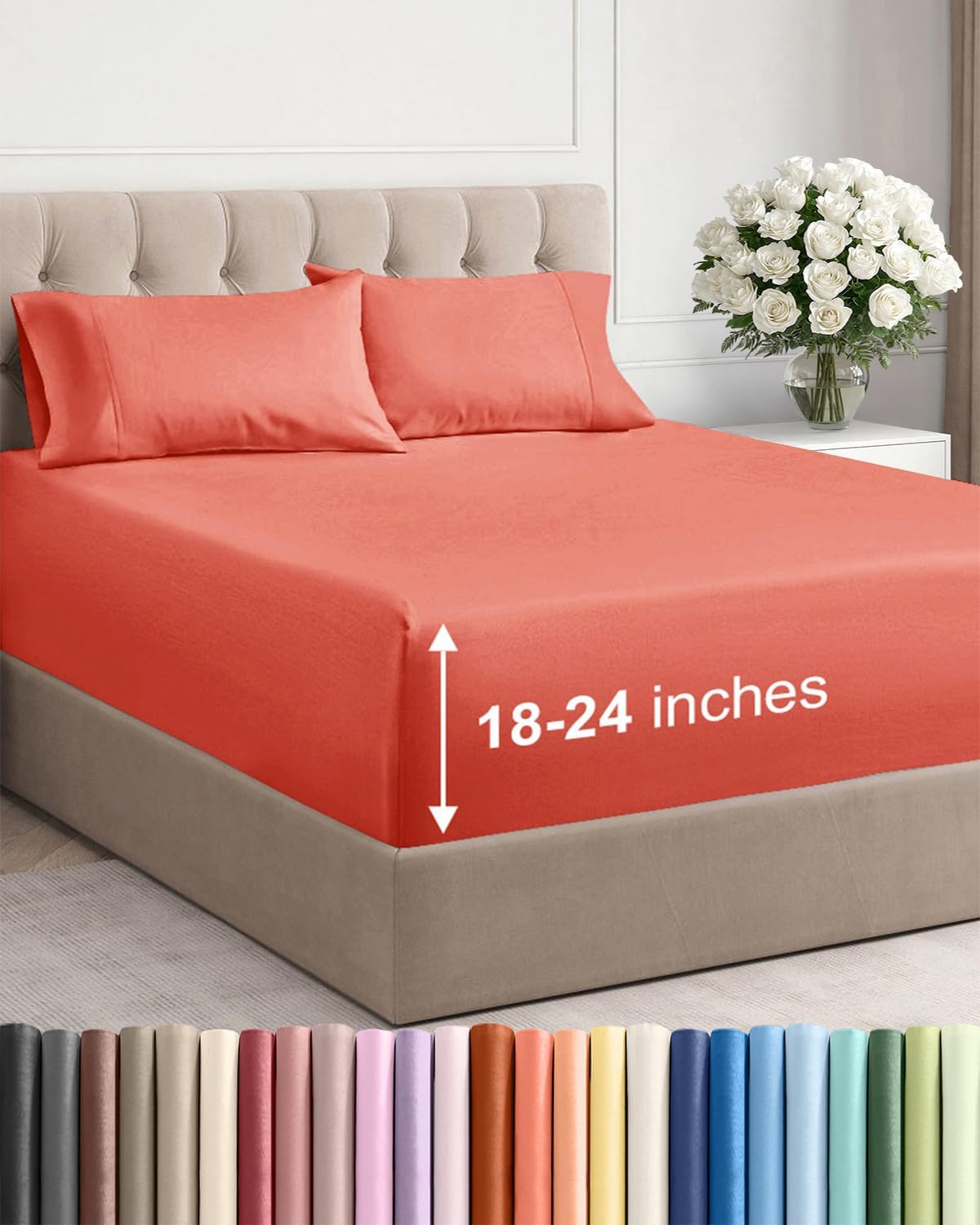 Skiennix Extra Deep Twin Sheet Set - 4-Piece Breathable Cooling Bedding - Soft, Wrinkle-Free Coral
