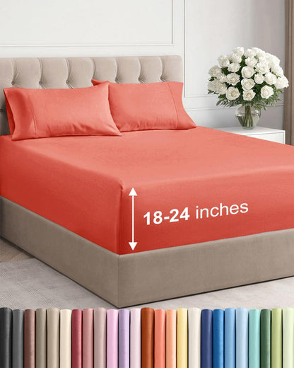 Skiennix Extra Deep Twin Sheet Set - 4 Piece Breathable Cooling Bedding - Soft Coral Luxury Sheets