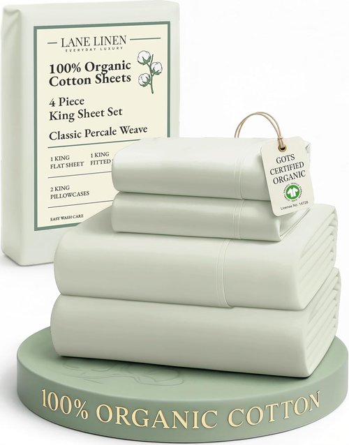 LANE LINEN 100% Organic Cotton King Bed Sheet Set - Soft, Cooling, Fully Elasticized 4-Piece Sheets in Mineral