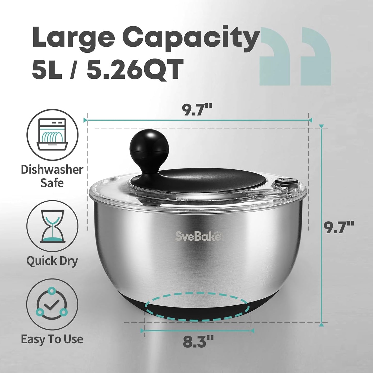 Regine Stainless Steel Salad Spinner - 5.3Qt BPA-Free Lettuce Washer with Transparent Lid & Non-Slip Base
