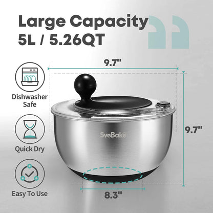 Regine Stainless Steel Salad Spinner - 5.3Qt BPA-Free Lettuce Washer with Transparent Lid & Non-Slip Base