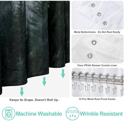 ORTIGIA 3 in 1 Waterproof Shower Curtain and Clear PEVA Liner Set with 12 Double Sided Metal Shower Curtain Hooks, Black Misty Forest Tree Soft Fabric Shower Curtain for Bathroom - 72 Wx72 L
