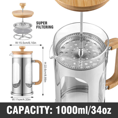 Sivaphe French Press Coffee Maker - 34 oz Borosilicate Glass with Bamboo Lid & Handle | 8 Cup Tea Press