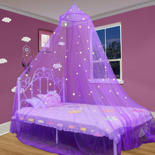 South to East Princess Bed Canopy With Glowing Stars for Girls Room, Purple Curtains From Ceiling for Twin and Full Size Beds, Ideal Gift