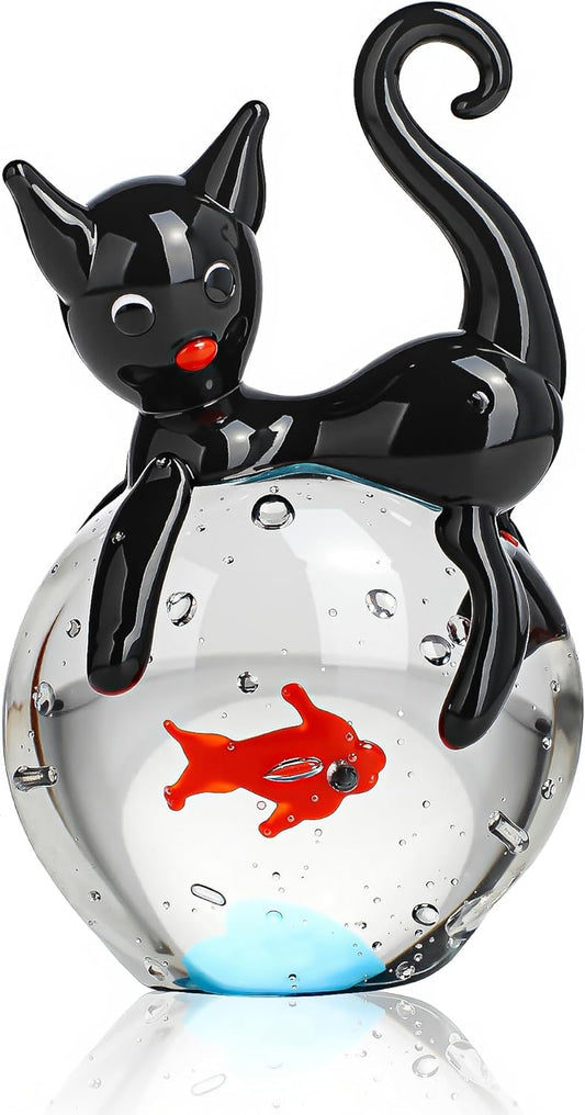 QFkris Blown Glass Black Cat Figurine - 1.6" Mini Glass Animal Sculpture | Unique Home Decor Gift for Cat Lovers