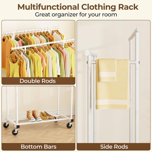 HYSEYY Rolling Clothing Rack - Sturdy Double Rod Wardrobe Rack for Bedroom & Laundry | White