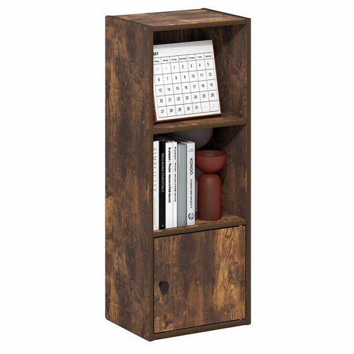Furinno LUDER Book Shelf, 3-Tier Bookshelf with Open Shelf, Standing Bookcase with 1 Door Cabinet, 9.3 x 12 x 31.5, for Organization and Storage, for Living Room, Bedroom, Home Office, Amber Pine