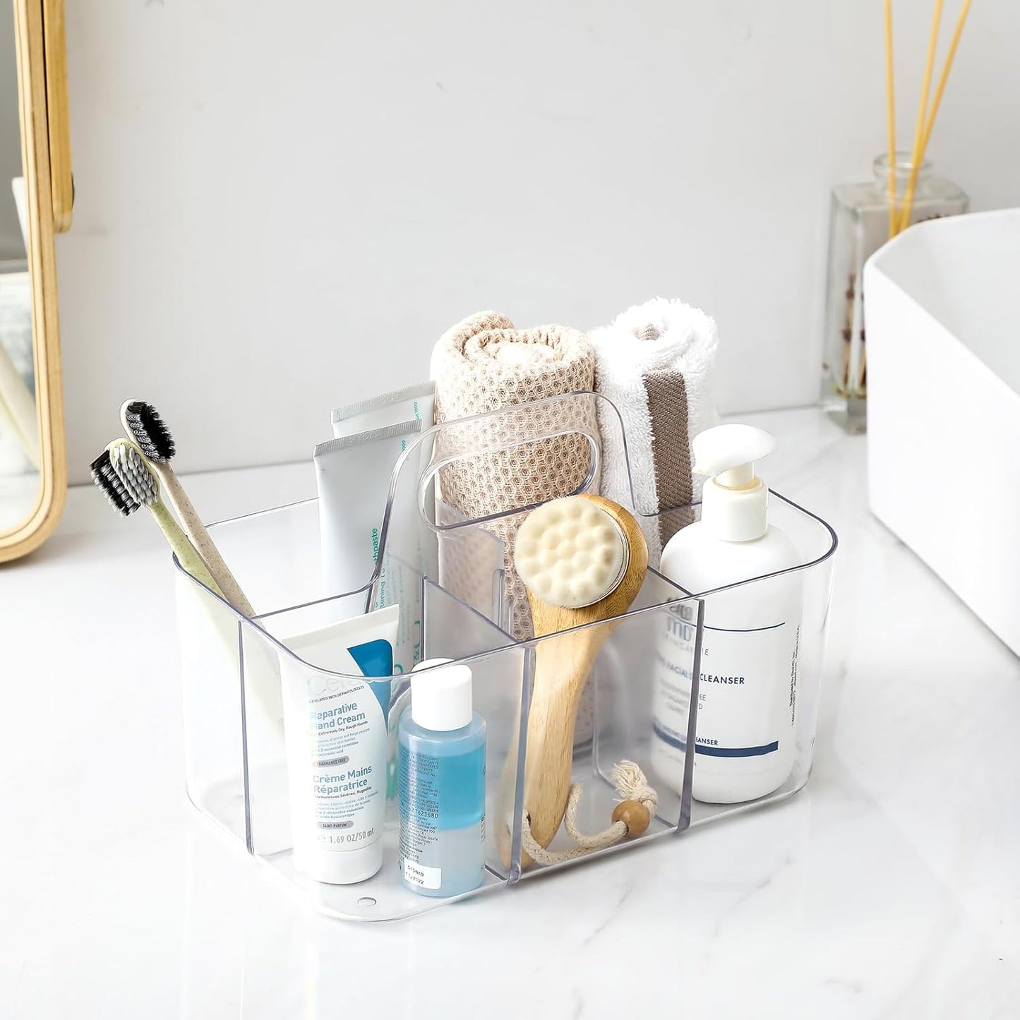 Multiuse Caddy Organizer by [Brand Name] - Portable Divided Tote Bin for Art, Makeup & More - Clear