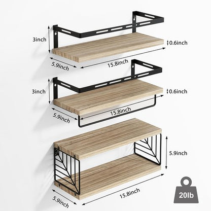Fixwal Bathroom Shelves - Wall-Mounted Floating Shelves with Metal Frame & Towel Bar | Rustic Brown (3 Plus 1)