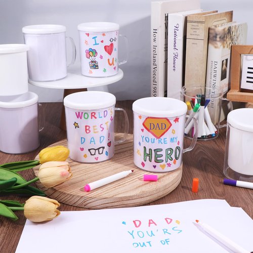 30 Pcs Painted Mug Kit for Kids Bulk 8 oz Plastic Mugs with Handle Color Your Own Cups Reusable Water Milk Tea Mugs DIY Coffee Mug for Birthday Mothers Fathers Day Graduation Easter Christmas Gift