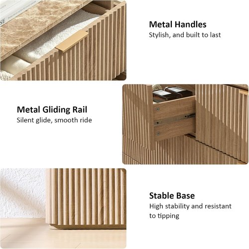 Fluted Dresser by [Brand Name] - 6 Drawer Chest with Faux Marble Top | Curved Design in Natural Oak