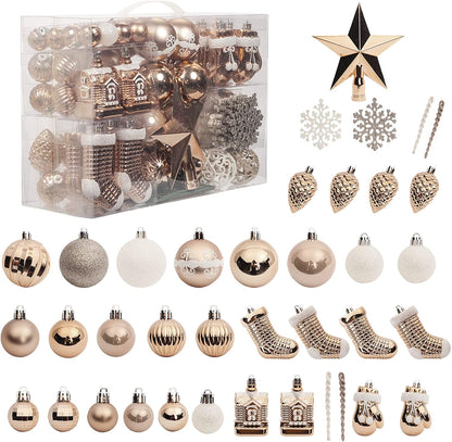 Roseleaf 132-Pc Traditional Christmas Tree Ornament Set - Shatterproof White & Blue Hanging Decor