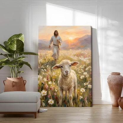 SIXWOOD Canvas Wall Art - Jesus Seeking Lost Sheep | Framed Christian Decor for Living Room, 12x16 in