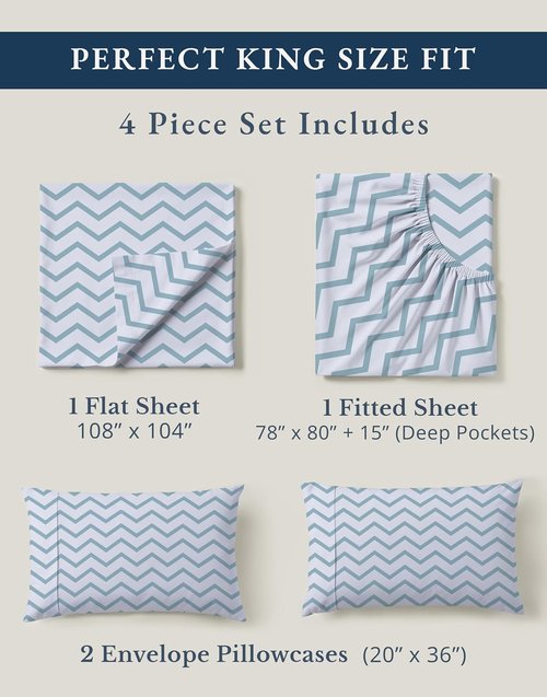 LANE LINEN 100% Organic Cotton King Sheets - Soft, Comfy Percale Bedding Set | Chevron Design