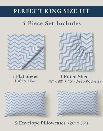 LANE LINEN 100% Organic Cotton King Sheets - Soft, Comfy Percale Bedding Set | Chevron Design