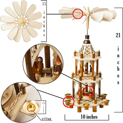 German Christmas Decoration Pyramid - 21-Inch Wood Nativity Scene Set - 3-Tier Carousel with Candle Holders