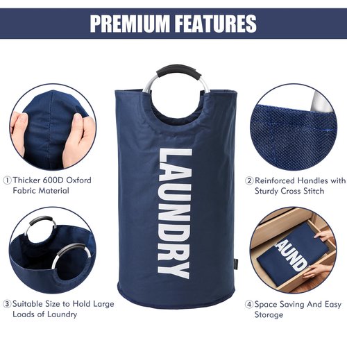 DOKEHOM 95L Large Laundry Basket, Collapsible Laundry Bag, Freestanding Tall Clothes Hamper, Foldable Washing Bin (Dark Blue)