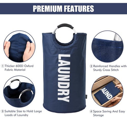 DOKEHOM 95L Large Laundry Basket, Collapsible Laundry Bag, Freestanding Tall Clothes Hamper, Foldable Washing Bin (Dark Blue)