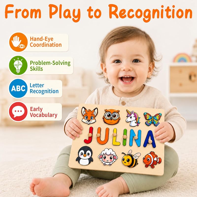 Personalized Wooden Name Puzzle for Toddlers — Custom Name with 35 Designs