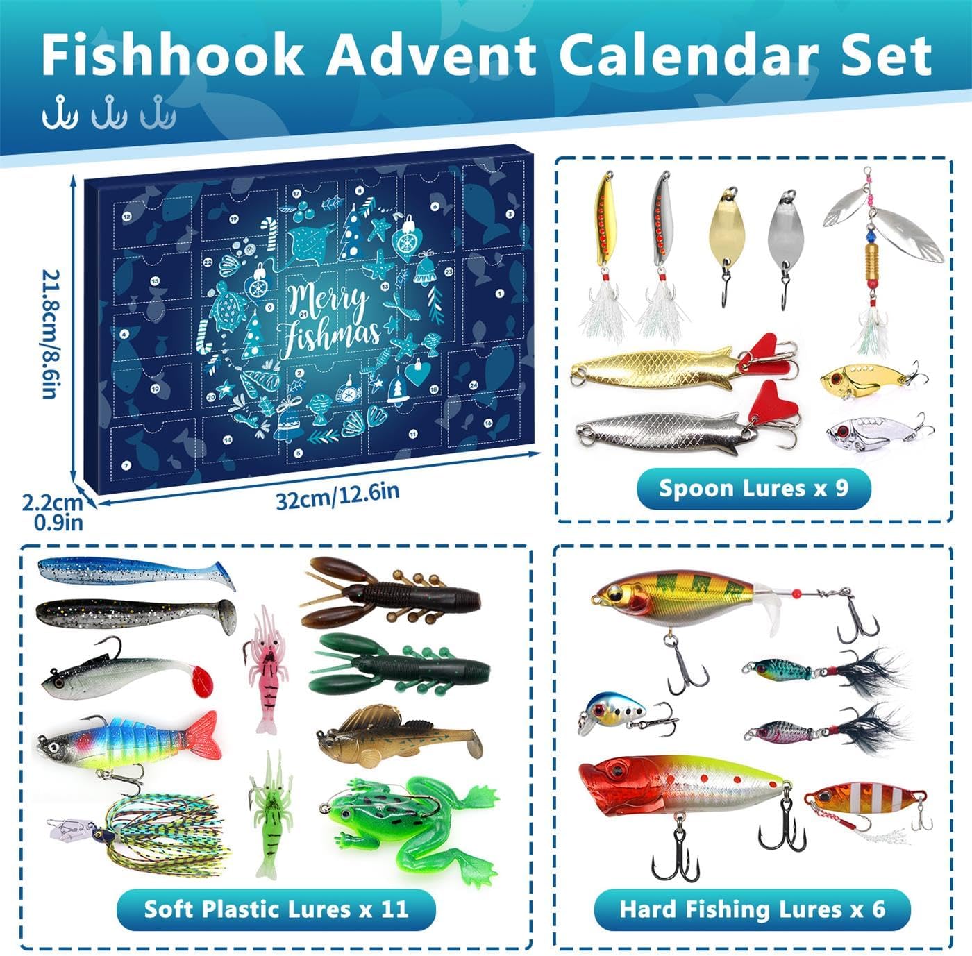 MOVINPE Fishing Advent Calendar - 24 Days of Topwater Lures & Spoons for Men and Teens | Perfect Christmas Gift
