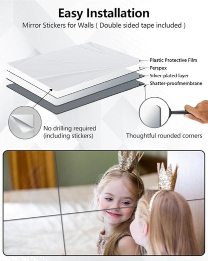 Unbreakable 4-Piece 16x16 Inch Peel & Stick Mirror Tiles for Walls