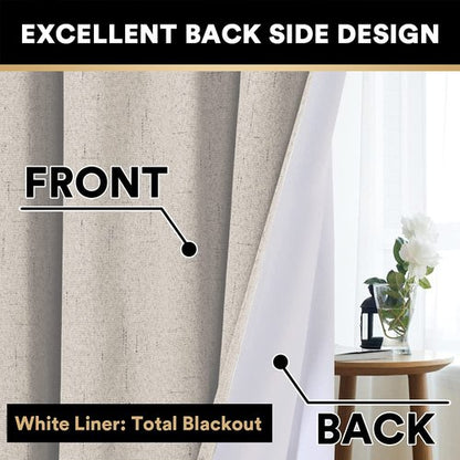 PrinceDeco Blackout Curtains 63 Inches Long 100% Blackout Curtains for Bedroom Rod Pocket Linen Textured Curtains Energy Saving with White Liner, 2 Panels(52 x 63 Inch, Natural)