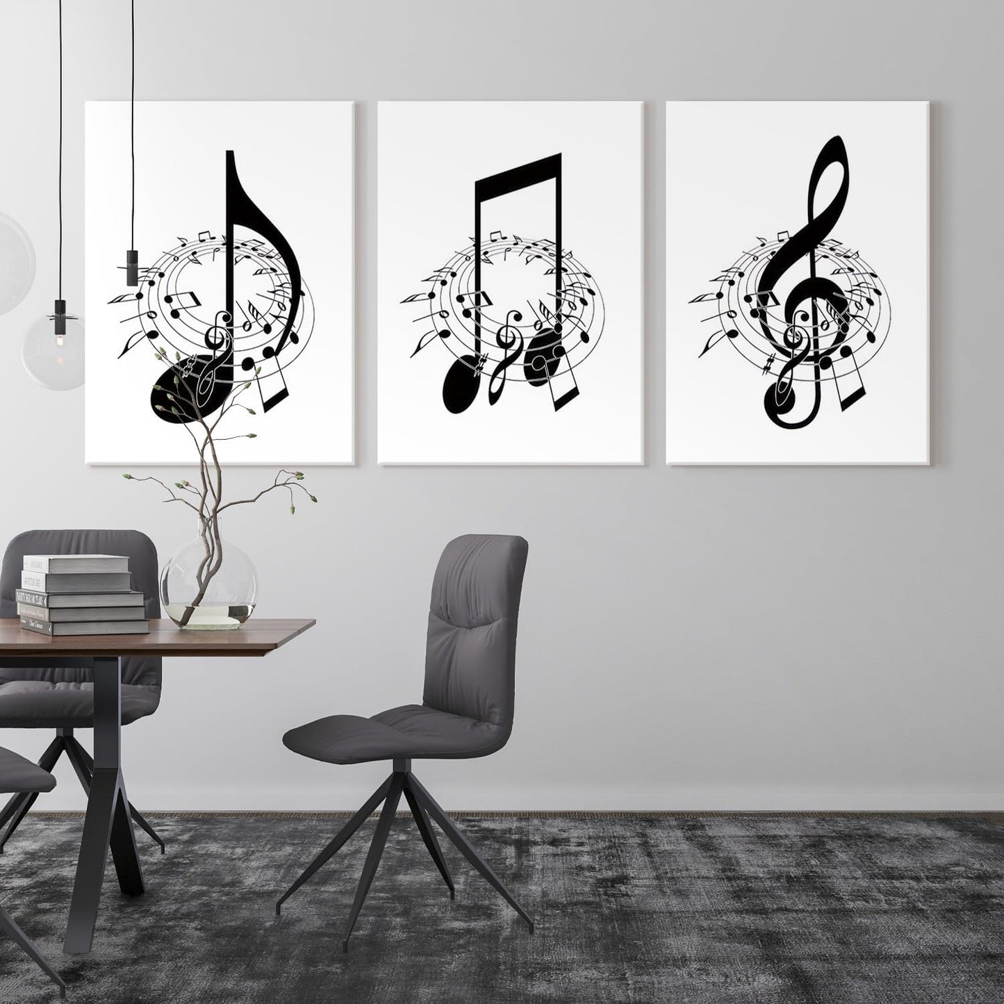 Skiennix Framed Music Notes Wall Art - Stylish Black & White Canvas Prints for Music Rooms | 12x16 in (Set of 3)