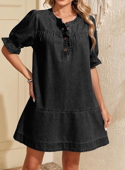 Dokotoo Women's Denim Dress 2026 Babydoll Dress Casual Ruffle Short Sleeve Button Jean Dresses