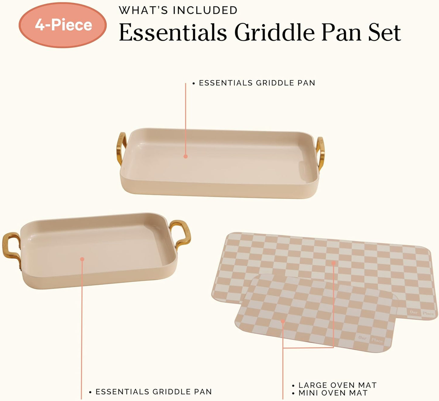 Our Place Essentials 4-Piece Griddle Pan Set - Nonstick Standard & Mini with Silicone Mats | PFAS-Free, Oven Safe, Versatile | Cream