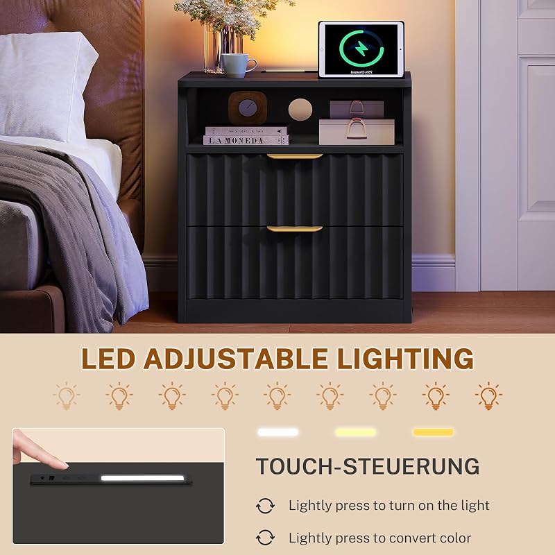 Fluted Nightstands Set of 2 with Charging Station & LED Light, Black, 2 Drawers