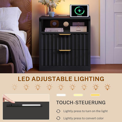 Fluted Nightstands Set of 2 with Charging Station & LED Light, Black, 2 Drawers