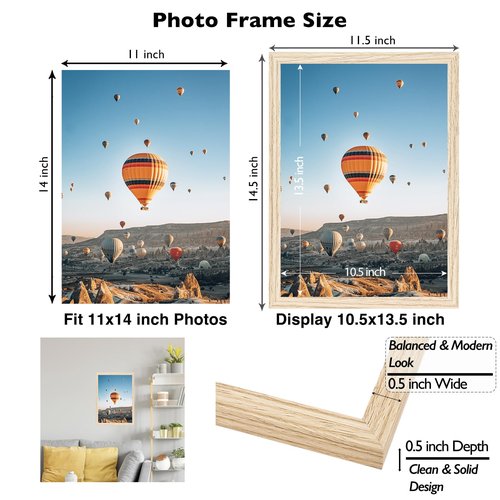 JCJMY 11x14 Picture Frame for Wall Hanging, Wall Mounting Horizontally or Vertically, 11 x 14 Wall Gallery Poster Photo Frame with Shatter Resistant Plexiglass, Natural