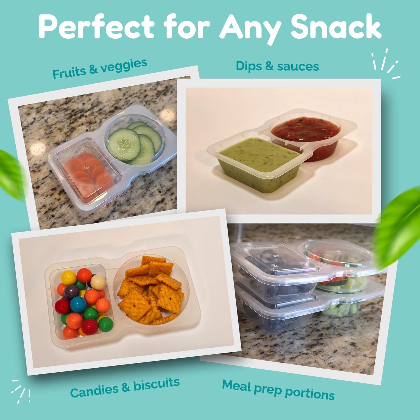 Skiennix Reusable Snack Containers - 20 Pack with Lids for Portion Control | Double Compartment for Kids' Meals