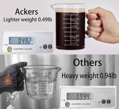 Ackers Etched Glass Measuring Cup - Insulated Handle & V-Shaped Spout - 500 ML (16 Oz, 2 Cup)